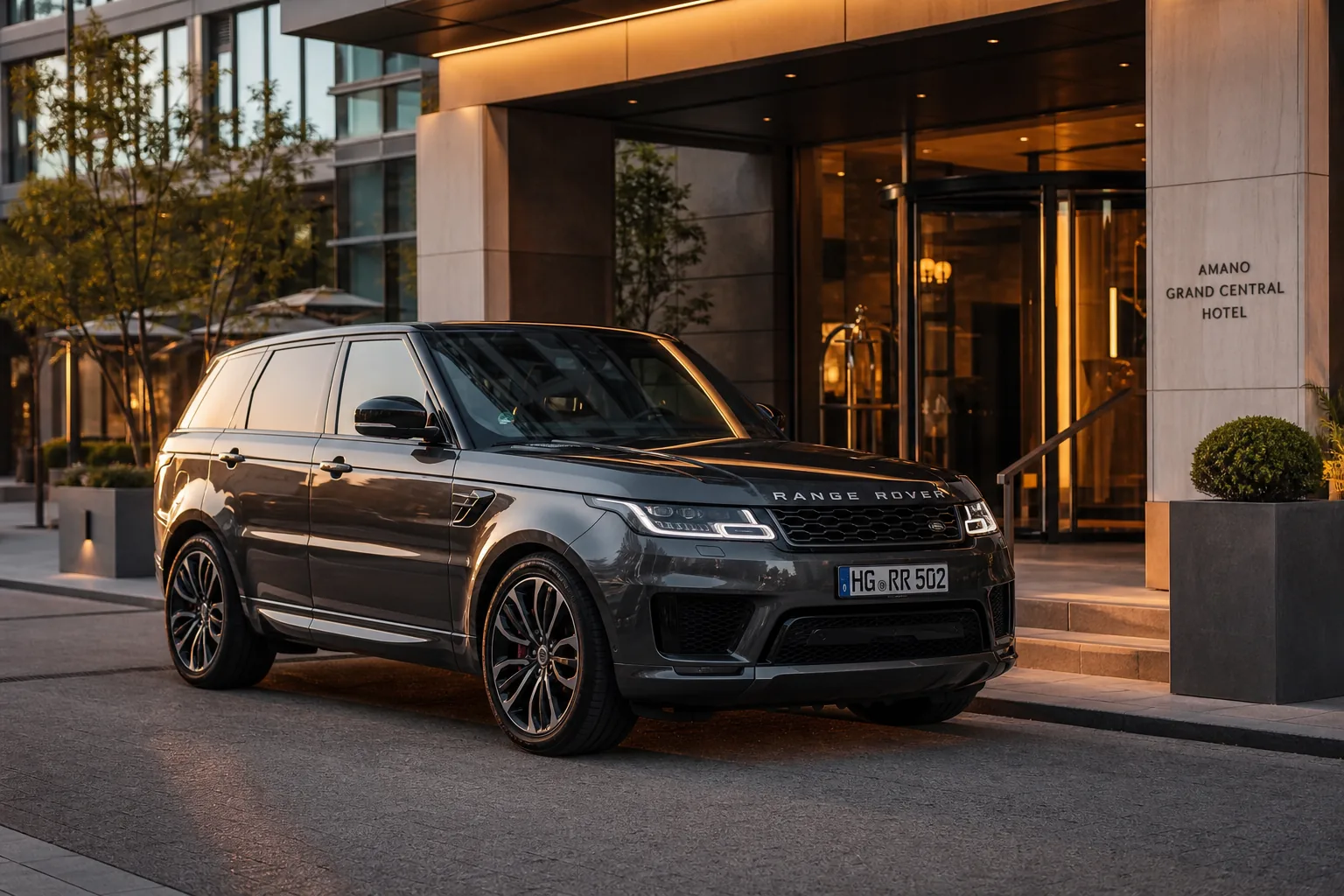 Range Rover Sport — премиальный внедорожник в элегантной travel-сцене у luxury hotel entrance