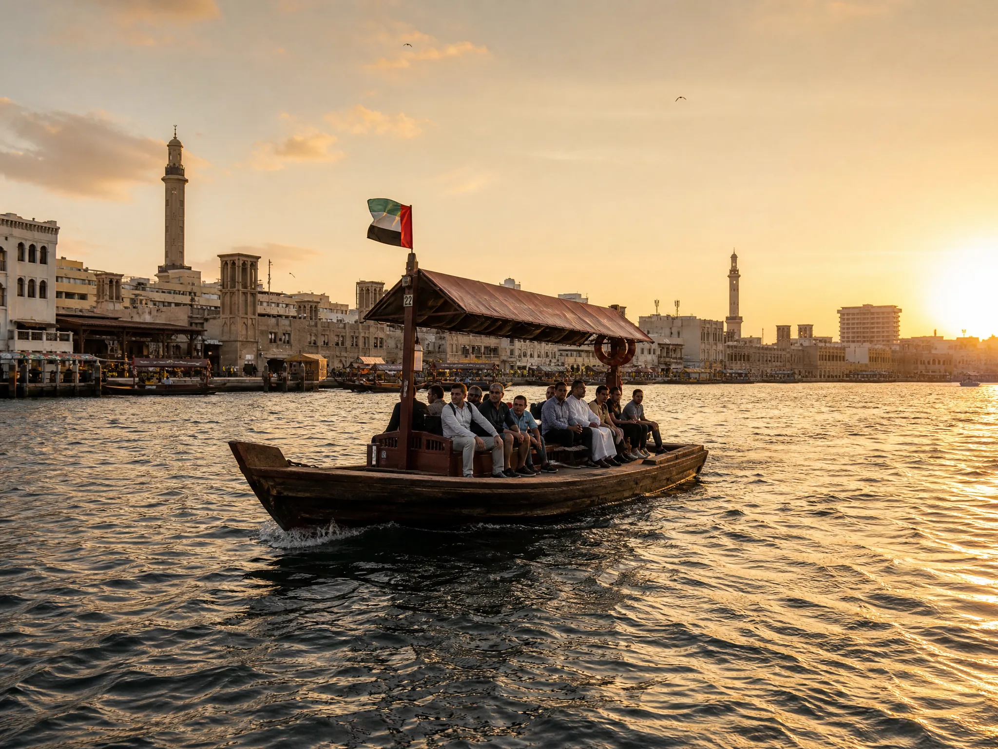 Абра через Dubai Creek — традиционная лодка на фоне heritage waterfront Old Dubai в теплом вечернем свете