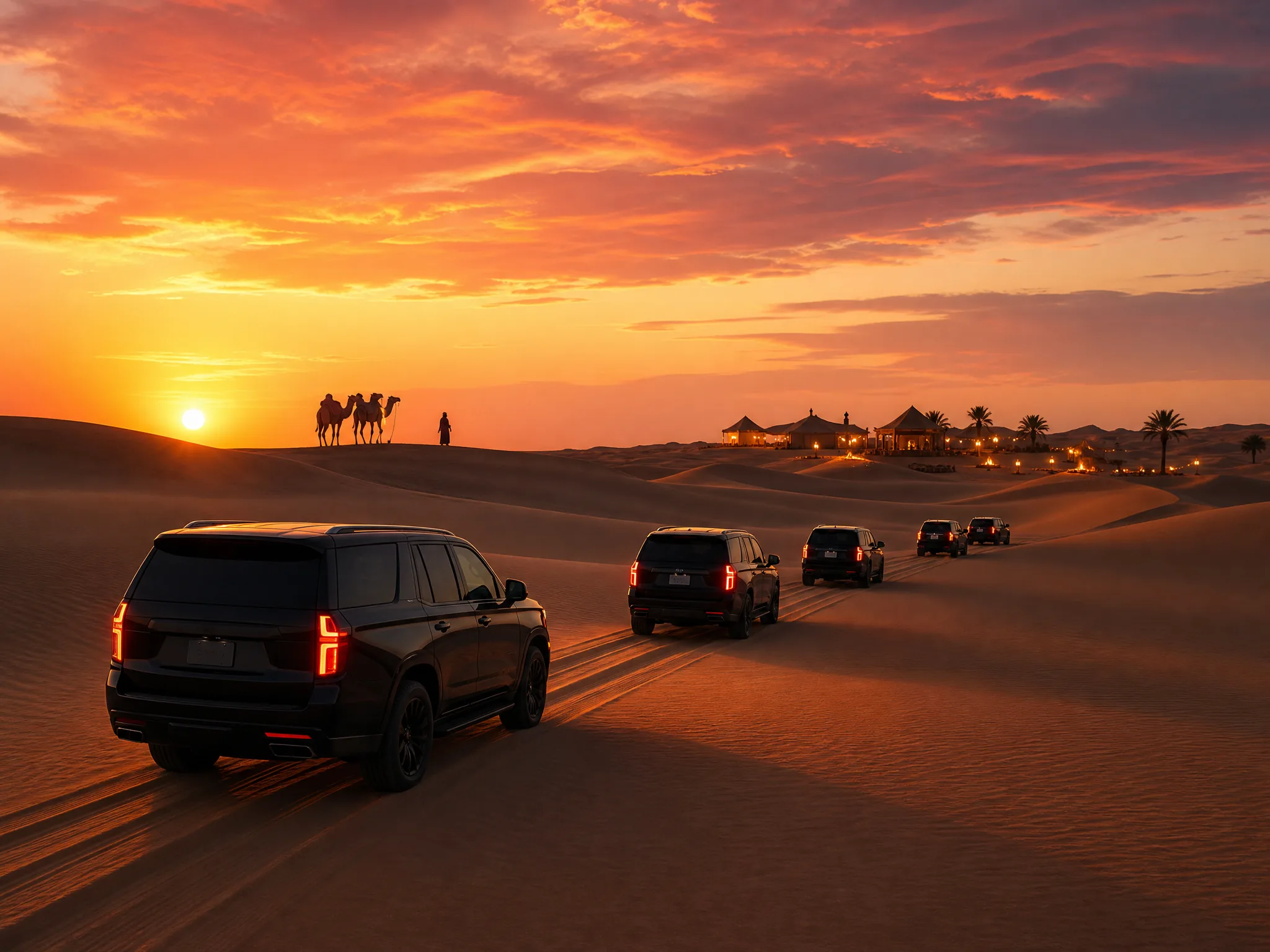 Сафари в пустыне — luxury 4x4 convoy на золотых дюнах с camel silhouettes и sunset camp mood