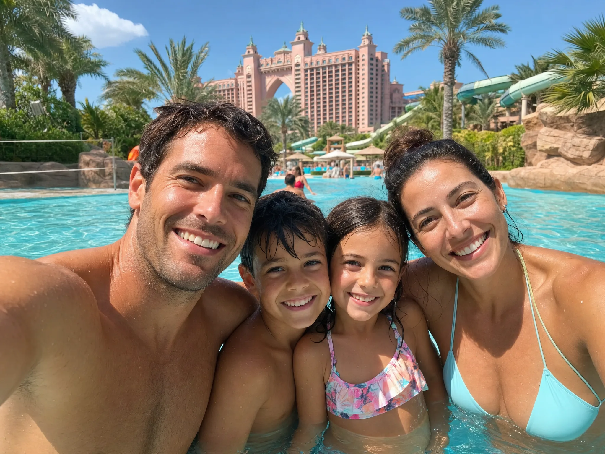 Дубай для всей семьи — upscale family vacation mood в Atlantis Aquaventure с голубой водой и resort energy