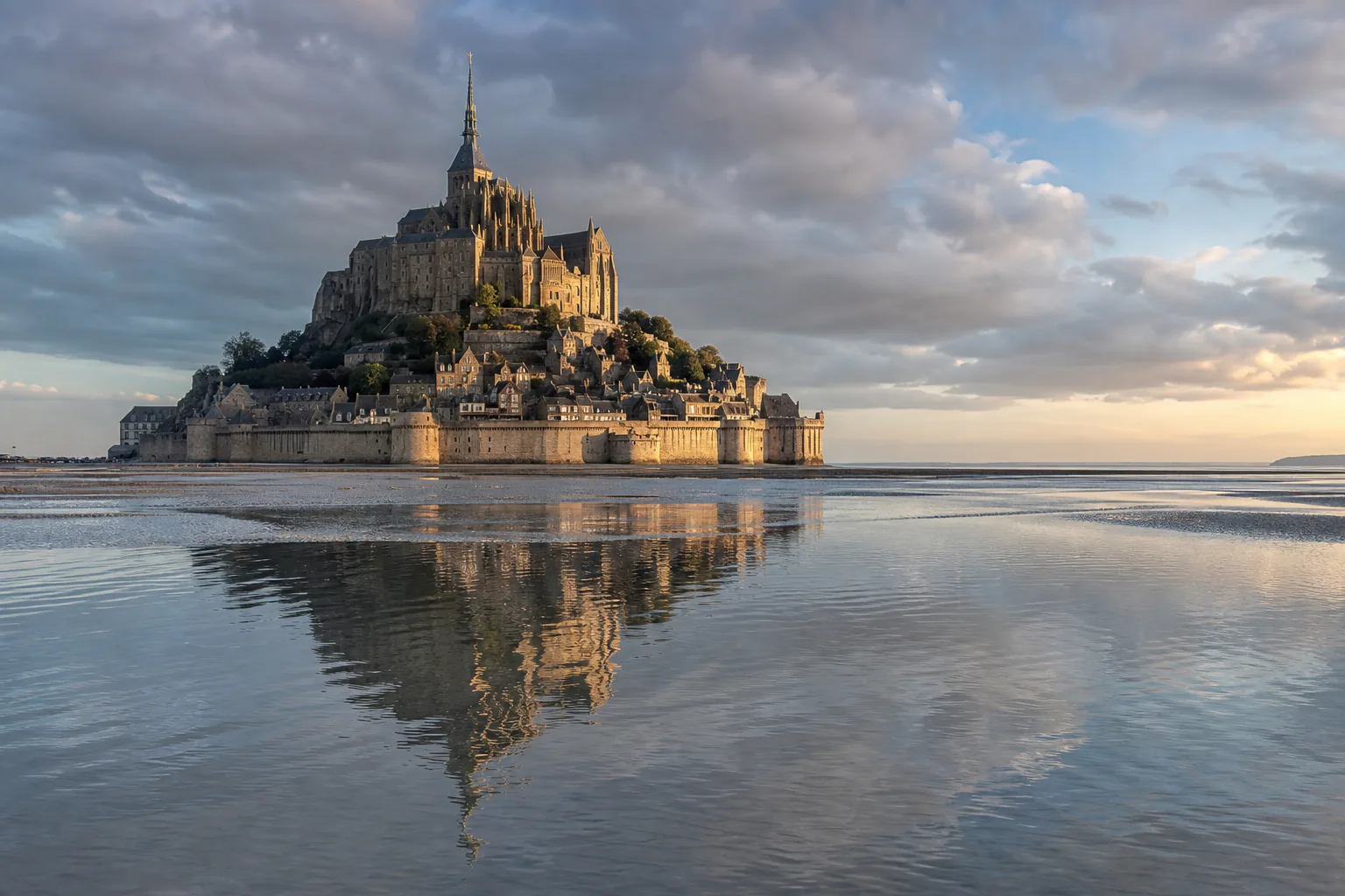 Мон-Сен-Мишель — аббатство на скале, поднимающееся из воды в iconic Normandy scenery