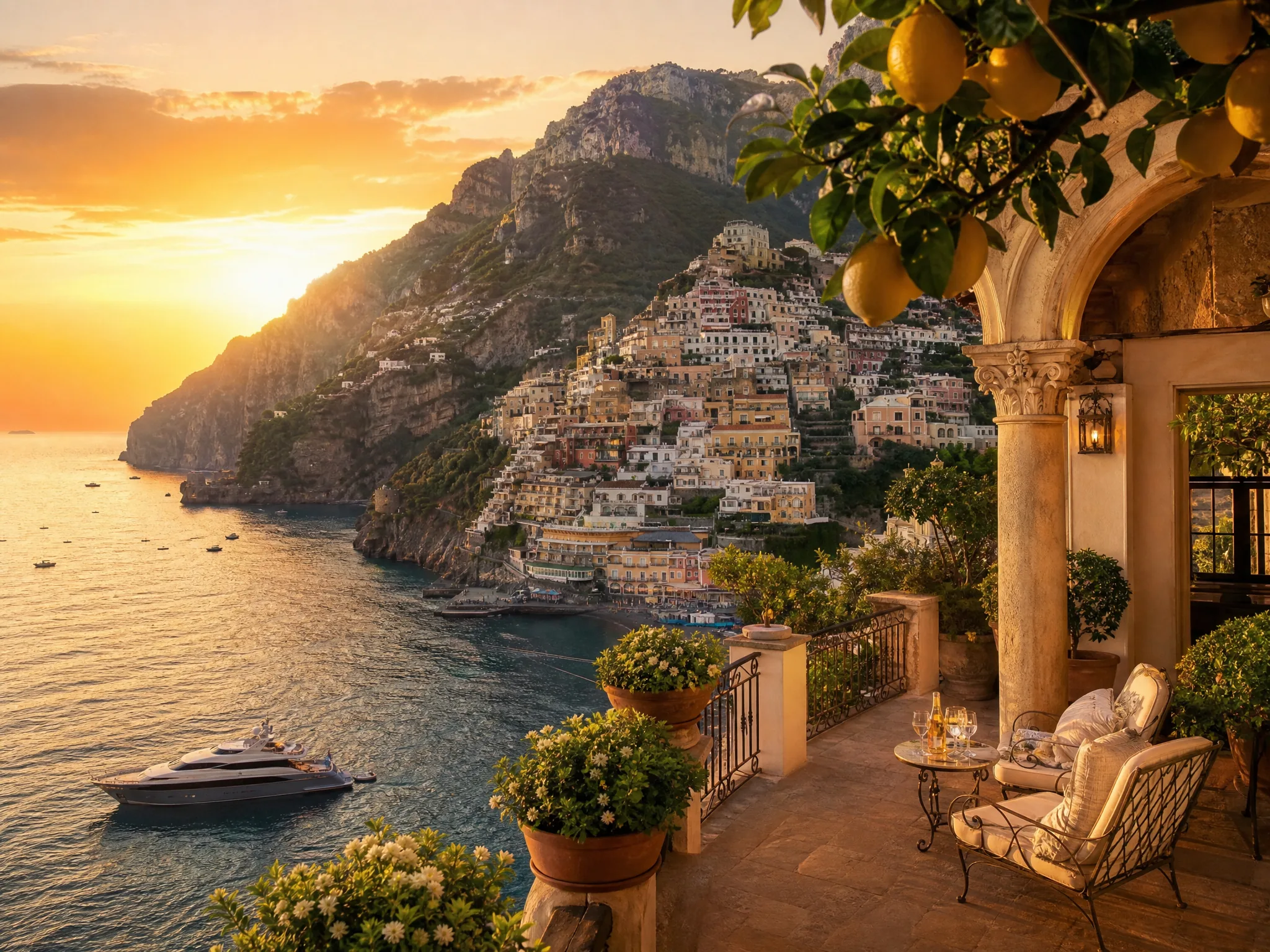 Амальфитанское побережье — Равелло, Позитано, яхта и лимонные сады в cinematic Mediterranean luxury mood